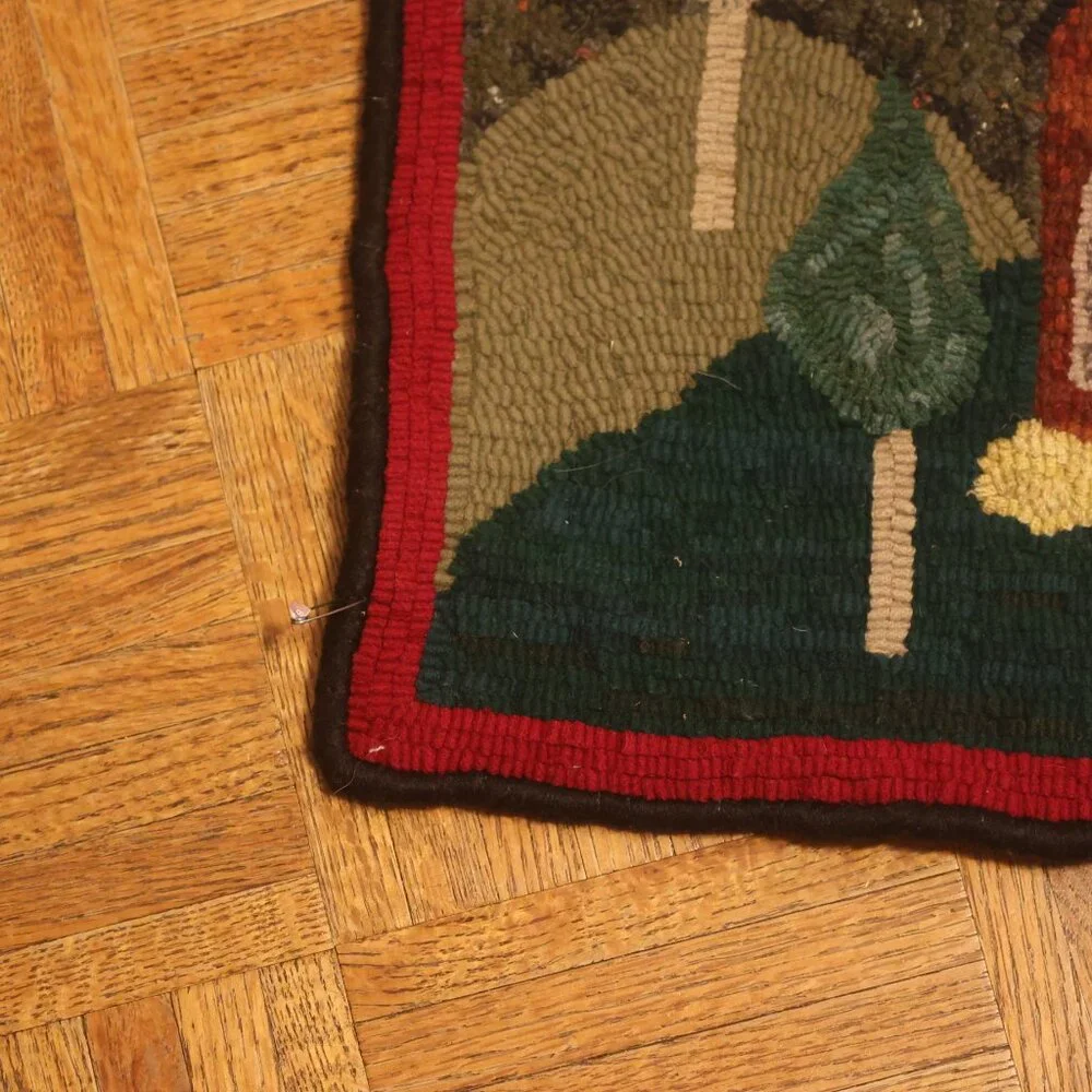 VINTAGE Hand Hooked Rug Summer HOME House Trees Landscape Primitive Folk 19x15